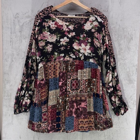 Umgee Tops - Umgee Mixed Print Patchwork Boho Long Sleeve Dress Size L